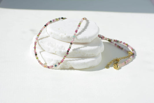 Colorful Gemstone Bead Choker Tiny Crystals Tourmaline Necklace Watermelon Choker Small Rainbow Bead Necklace Layering Seed Bead Gold Stones