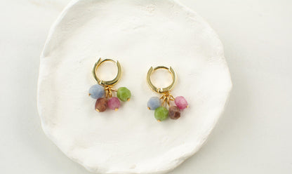 Gold Hoop Earring Dangle Gemstone Earring Huggies Gold Earring Mixed Colors Beaded Earring Gift for Mom Gift For Bridesmaid Valentines Gift