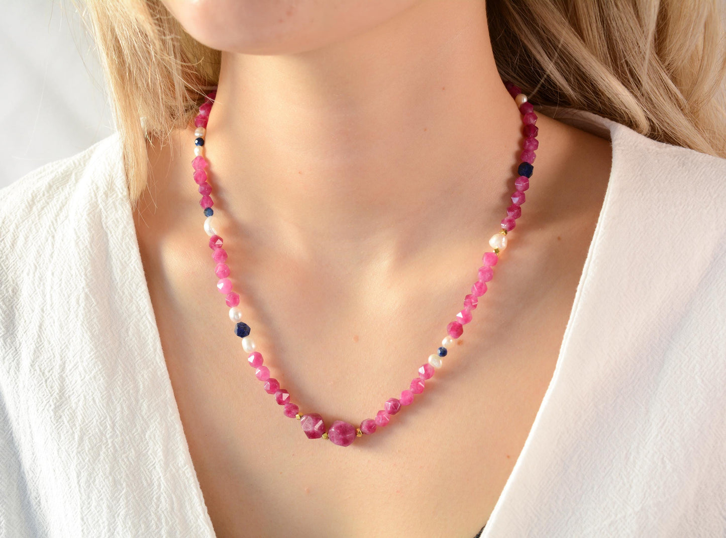 Chunky Beaded Necklace Pink Tourmaline Large Bead Necklace Layering Statement Beaded Necklace Gemstone Gift for Her Gift for Mom Necklace