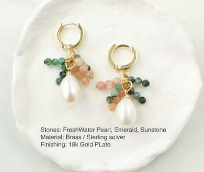 Drop Pearl Gemstones Earring Dangle Mini Beaded Earring Emerald Sunstone Fringe Earring Dainty Gift For Bridesmaid Elegant Gift Delicate