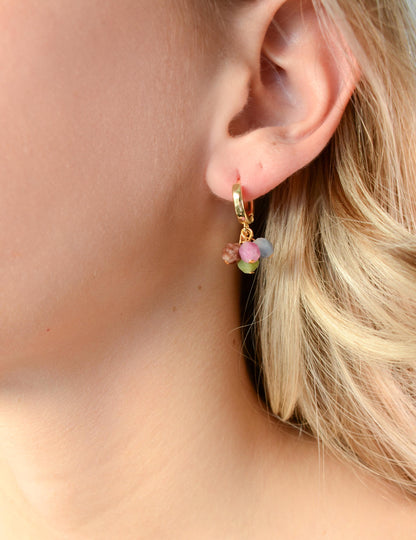 Gold Hoop Earring Dangle Gemstone Earring Huggies Gold Earring Mixed Colors Beaded Earring Gift for Mom Gift For Bridesmaid Valentines Gift