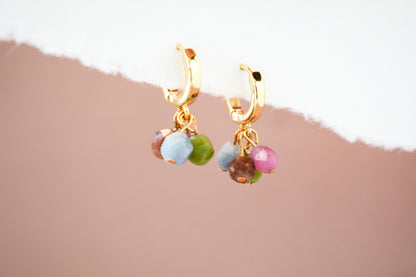 Gold Hoop Earring Dangle Gemstone Earring Huggies Gold Earring Mixed Colors Beaded Earring Gift for Mom Gift For Bridesmaid Valentines Gift