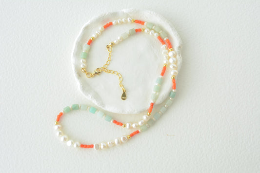 Colorful beaded necklace pearls mixed necklace gemstone dainty bead necklace summer choker beach jewelry layering necklace gift for her