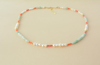Colorful beaded necklace pearls mixed necklace gemstone dainty bead necklace summer choker beach jewelry layering necklace gift for her