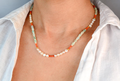 Colorful beaded necklace pearls mixed necklace gemstone dainty bead necklace summer choker beach jewelry layering necklace gift for her