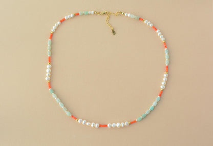 Colorful beaded necklace pearls mixed necklace gemstone dainty bead necklace summer choker beach jewelry layering necklace gift for her