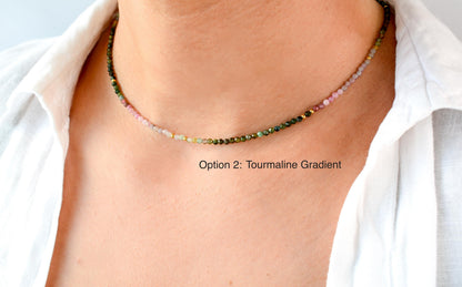 Colorful Gemstone Bead Choker Tiny Crystals Tourmaline Necklace Watermelon Choker Small Rainbow Bead Necklace Layering Seed Bead Gold Stones