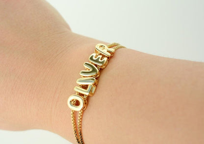 Bubble Name Bracelet Custom Letter Jewelry Monogram Adjustable: Gold or Gold Glitter