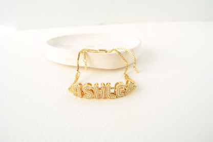 Bubble Name Bracelet Custom Letter Jewelry Monogram Adjustable: Gold or Gold Glitter