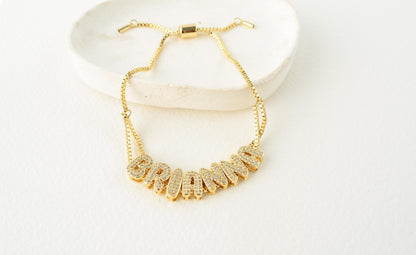 Bubble Name Bracelet Custom Letter Jewelry Monogram Adjustable: Gold or Gold Glitter