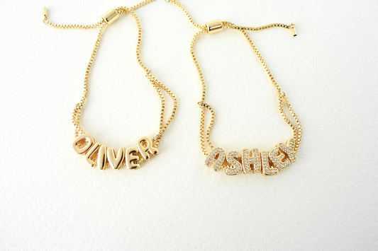 Bubble Name Bracelet Custom Letter Jewelry Monogram Adjustable: Gold or Gold Glitter