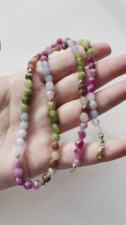 Beaded Necklace Colorful Mixed Bead Necklace Tourmaline Rainbow 6mm Beaded Long 20" Necklace Christmas Gift for Her Boho Necklace