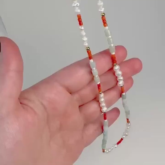 Colorful beaded necklace pearls mixed necklace gemstone dainty bead necklace summer choker beach jewelry layering necklace gift for her