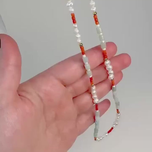 Colorful beaded necklace pearls mixed necklace gemstone dainty bead necklace summer choker beach jewelry layering necklace gift for her