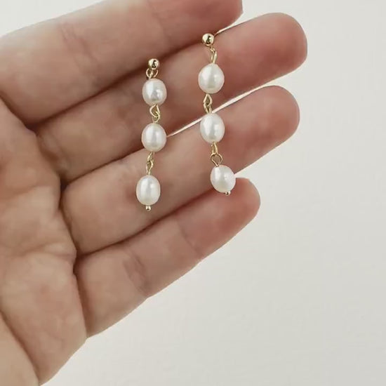 Pearl Dangle Earring Long Drop Gold Stud Real Pearl Earring Elegant Bridal Pearl Dangle Bridesmaids Earring for Her Gift for Mom